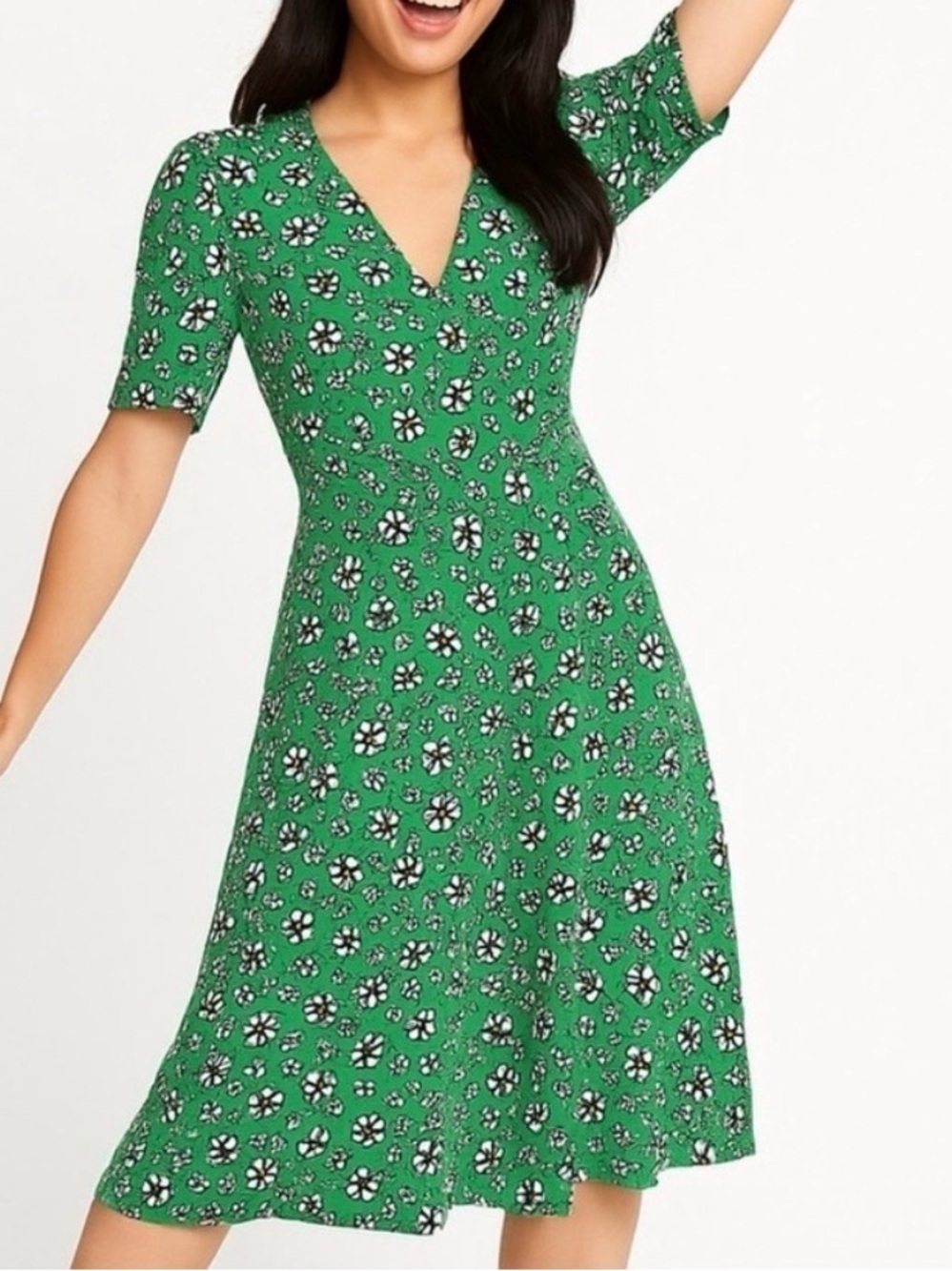 Topshop Green Floral V-Neck Midi Dress